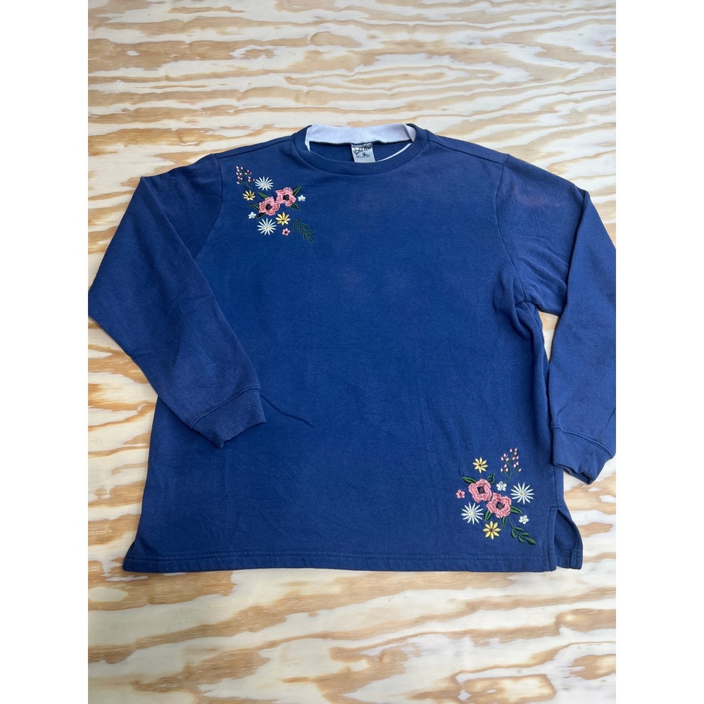 Blair Womens Navy Blue Floral Embroidered Sweatshirt Crew Neck Size L